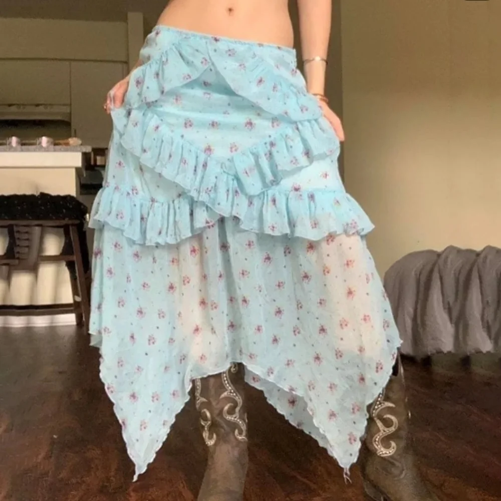 Urban Outfitters Boho Fairycore Blue Ditsy Floral Ruffle Asymmetrical Midi Skirt